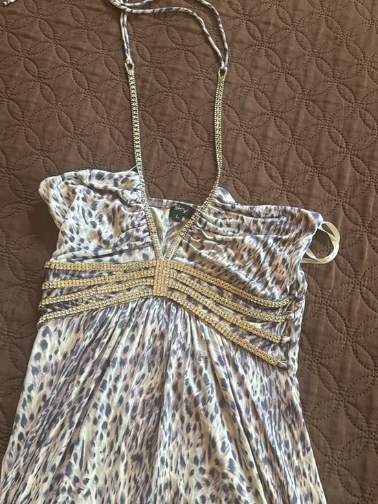 Sky Tops - Sky Beaded Leopard-Print Halter Top in Beige and Brown